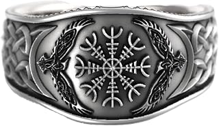 Vegvisir Ring, Pirate Compass Ring for Men, Helm of Awe Rune Ring Norse Viking Valknut Odin Symbol Ring Odin Jewelry, Vintage Celtic Knot Ring Nordic Hawk Eagle Raven Ring