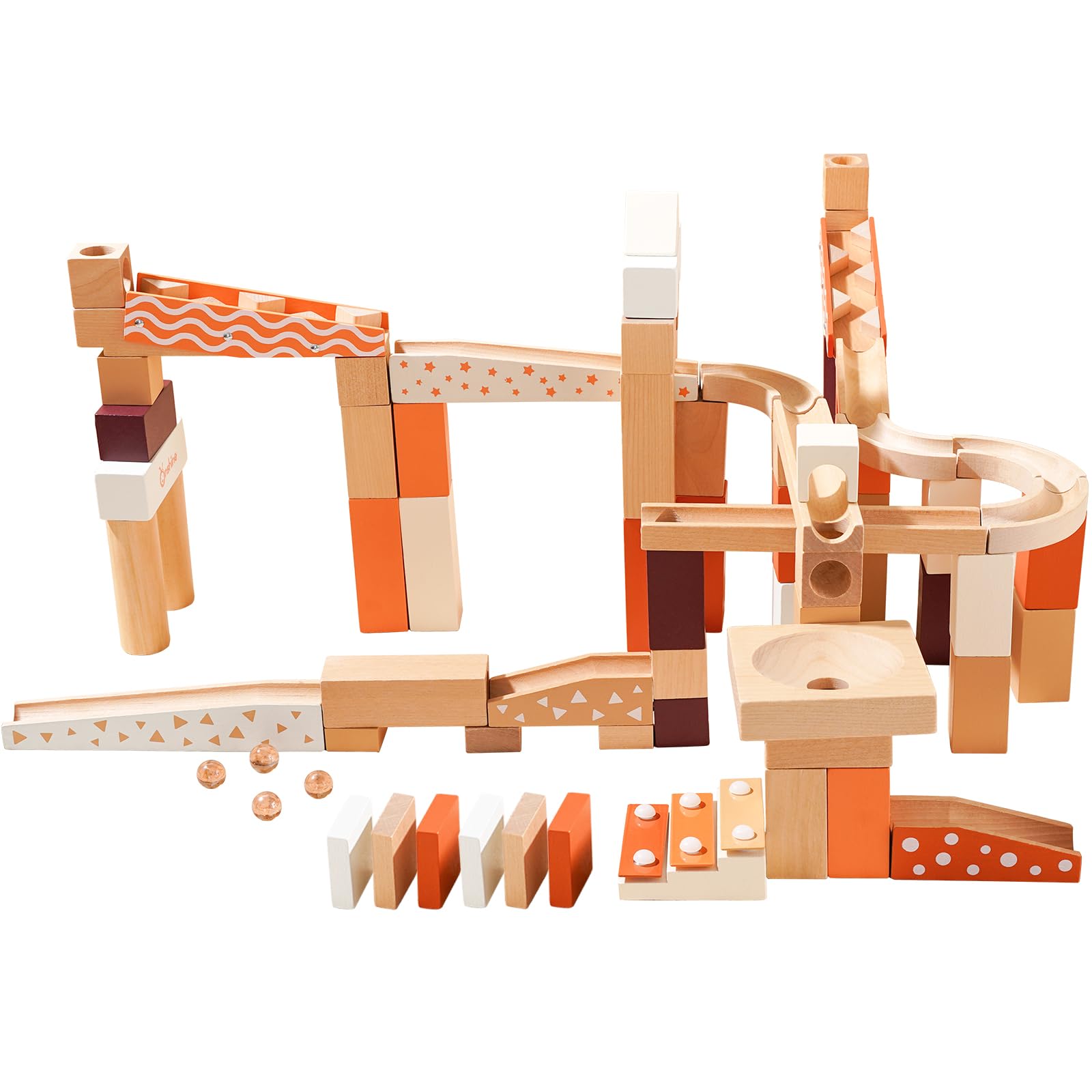 Wooden Marble Run Blocks for Kids 4-8, 80 Pieces Wood Building Blocks Toys and Construction Play Set, Neutral Colored Marble Track Maze Game STEM Learning Toys Gifts for Boys Girls (80pc Set)