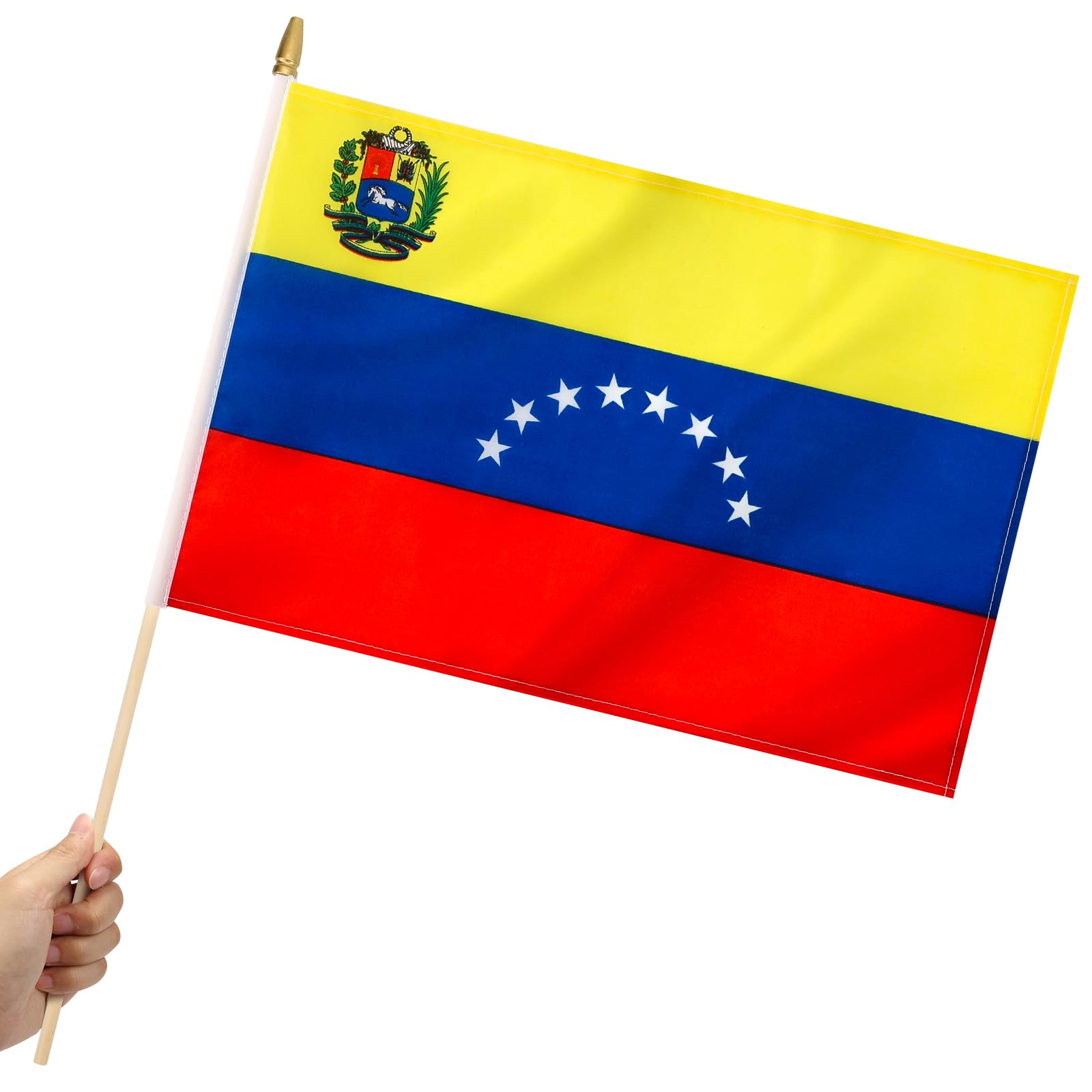 12 Pack Venezuela Stick Flags Small 12x18 Inch Venezuelan Hand Held Flags with 24 Inch Wooden Pole Decorations
