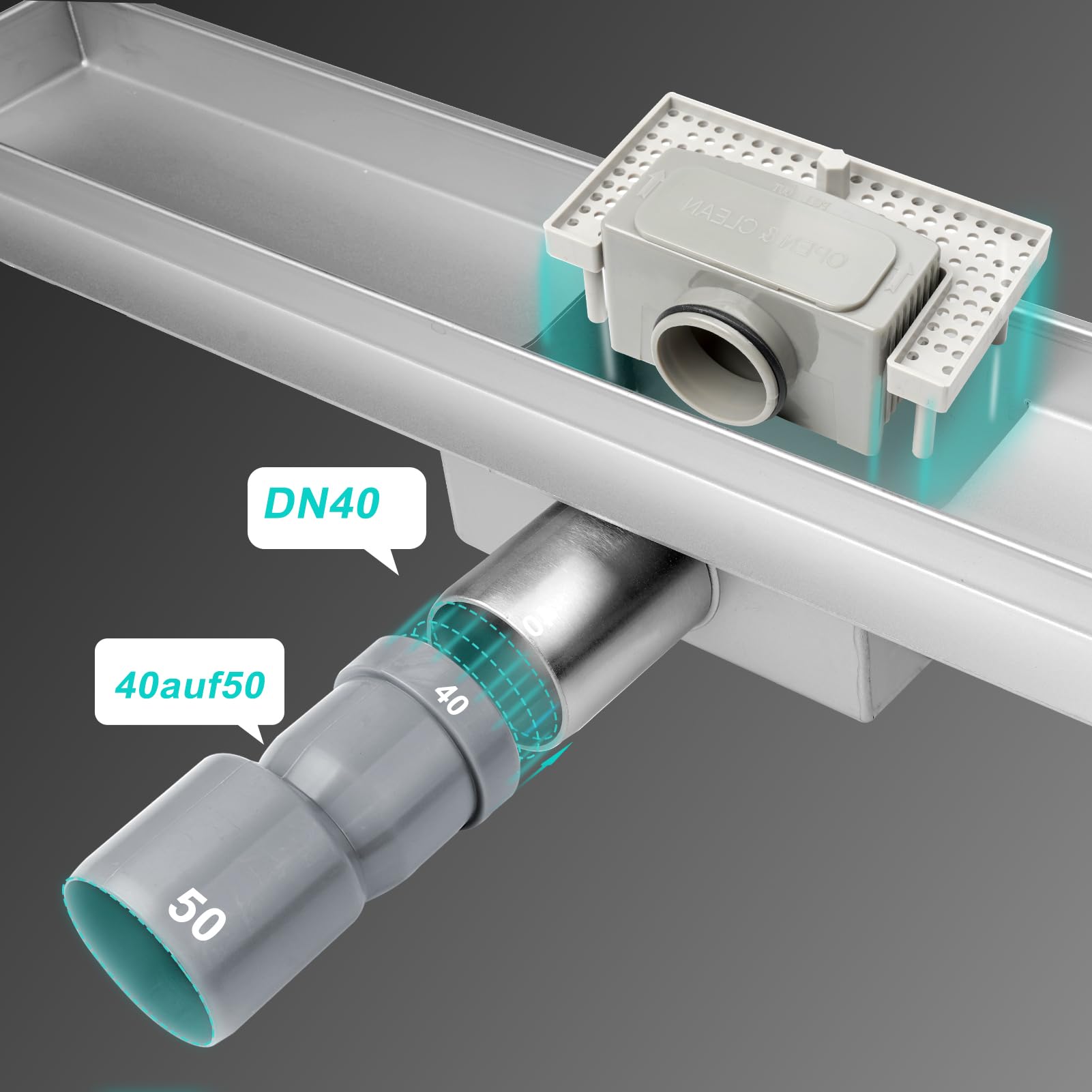 Caniveau de Douche 50 cm, 2 en 1 Caniveau Douche Italienne Extra Plate,Acier INOX, Avec Siphon à Bloqueur D'odeurs et Filtre à Cheveux,Drainage Rapide