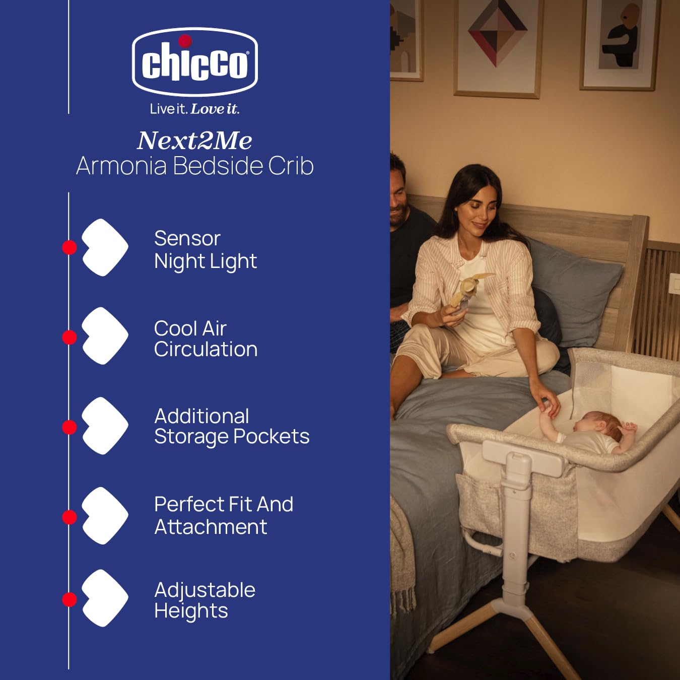 Chicco Next2Me Armonia łóżeczko nocne od urodzenia do 6 miesięcy, łóżeczko do spania z czujnikiem ruchu, lampka nocna, regulowana wysokość, kieszenie do przechowywania i materac