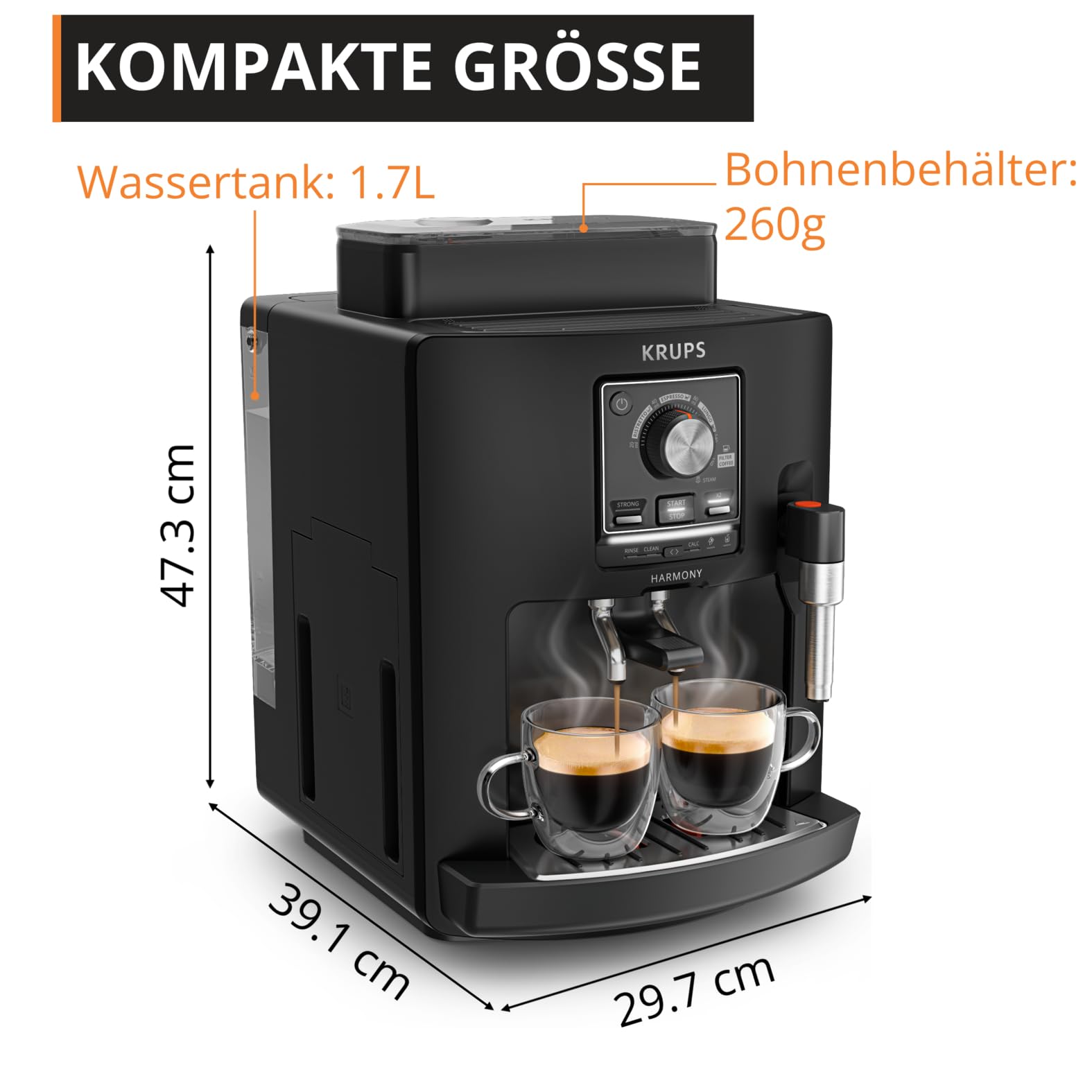 Krups Harmony Kaffeevollautomat mit Milchaufschäumdüse, 4 Kaffeespezialitäten, intuitive Bedienung, automatische Reinigung, kompaktes Design, Schwarz, EA5088E0