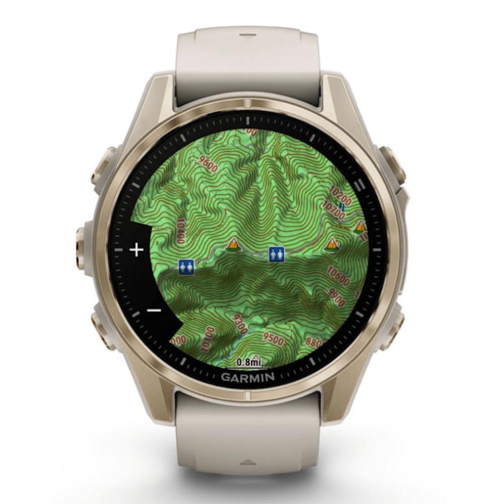 Garmin Fenix 8–43 mm, AMOLED, Saphir, weiches Gold mit Nebelgrau/Dunkelsandstein, Silikonband