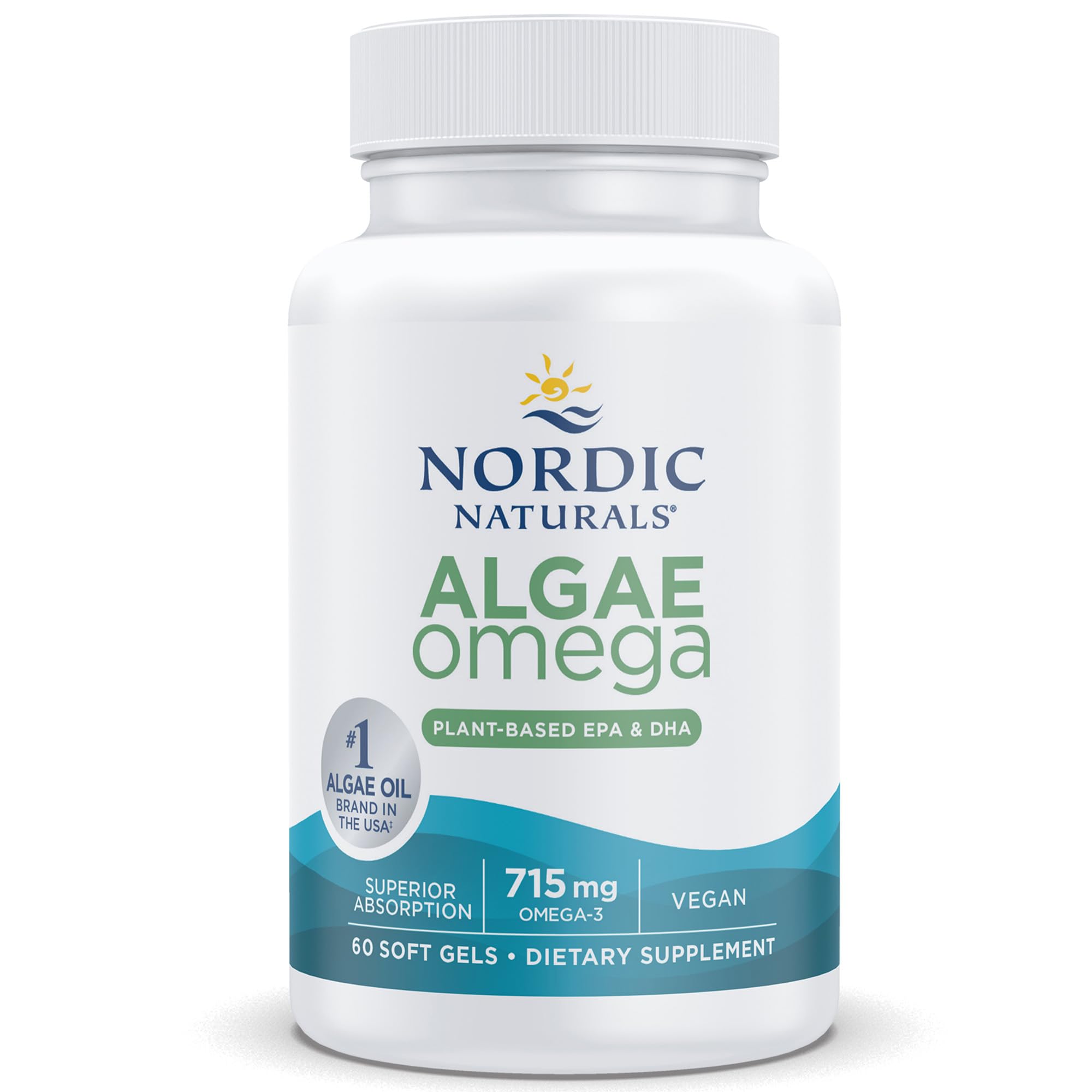 Nordic Naturals, Algae Omega, 715mg d'Oméga-3 végétaliens à Base d'Huile d'Algues, avec EPA et DHA, 60 Capsules molles végétaliennes, Végétarien, Sans Soja, Sans Gluten, Sans OGM