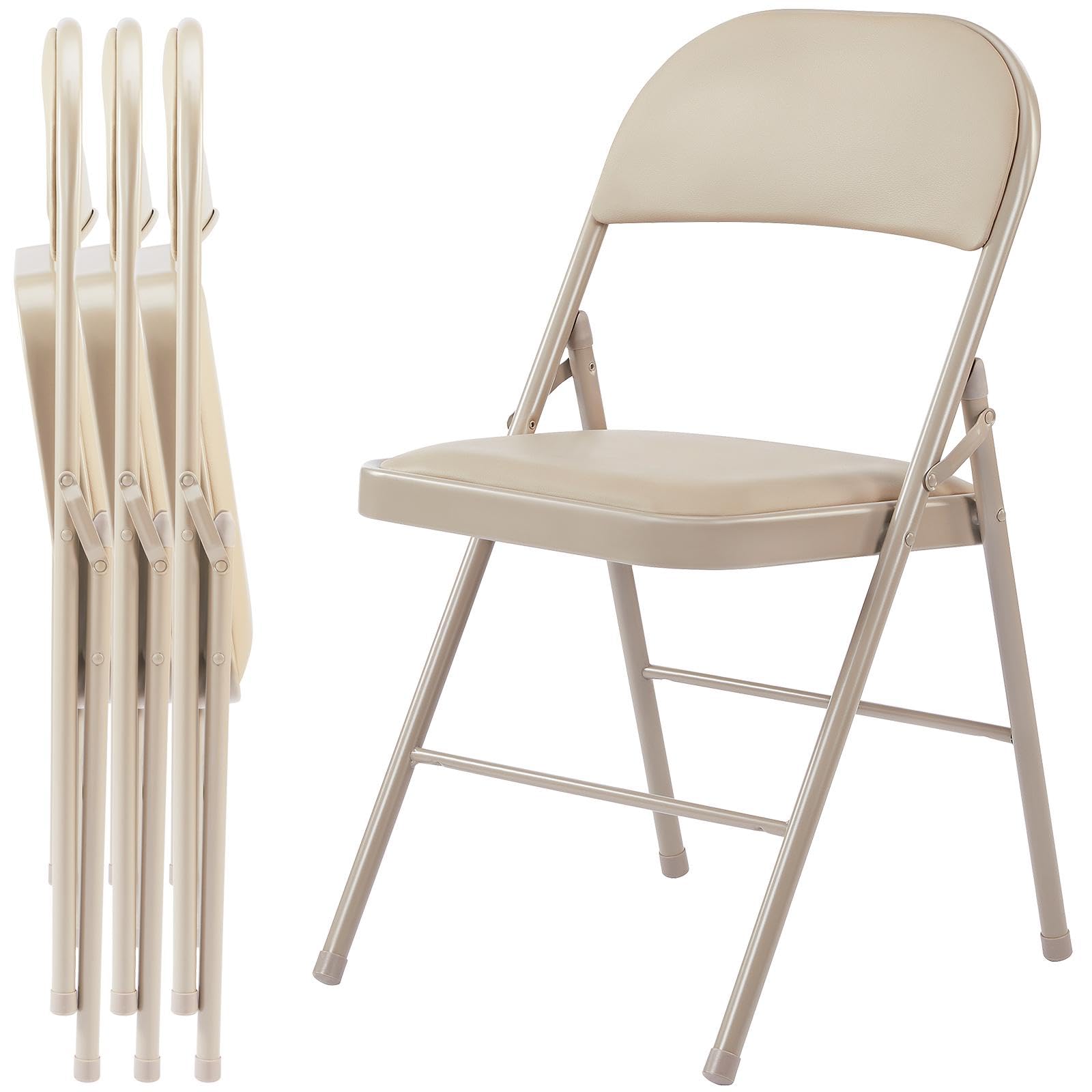 Sweetcrispy Folding Chair 4 Pack, Leather Padded Foldable Chairs, Sturdy Metal Portable Chairs, Easy to Use and Store, Outdoor and Indoor, for Home, Office, Party, Garden, Kahki