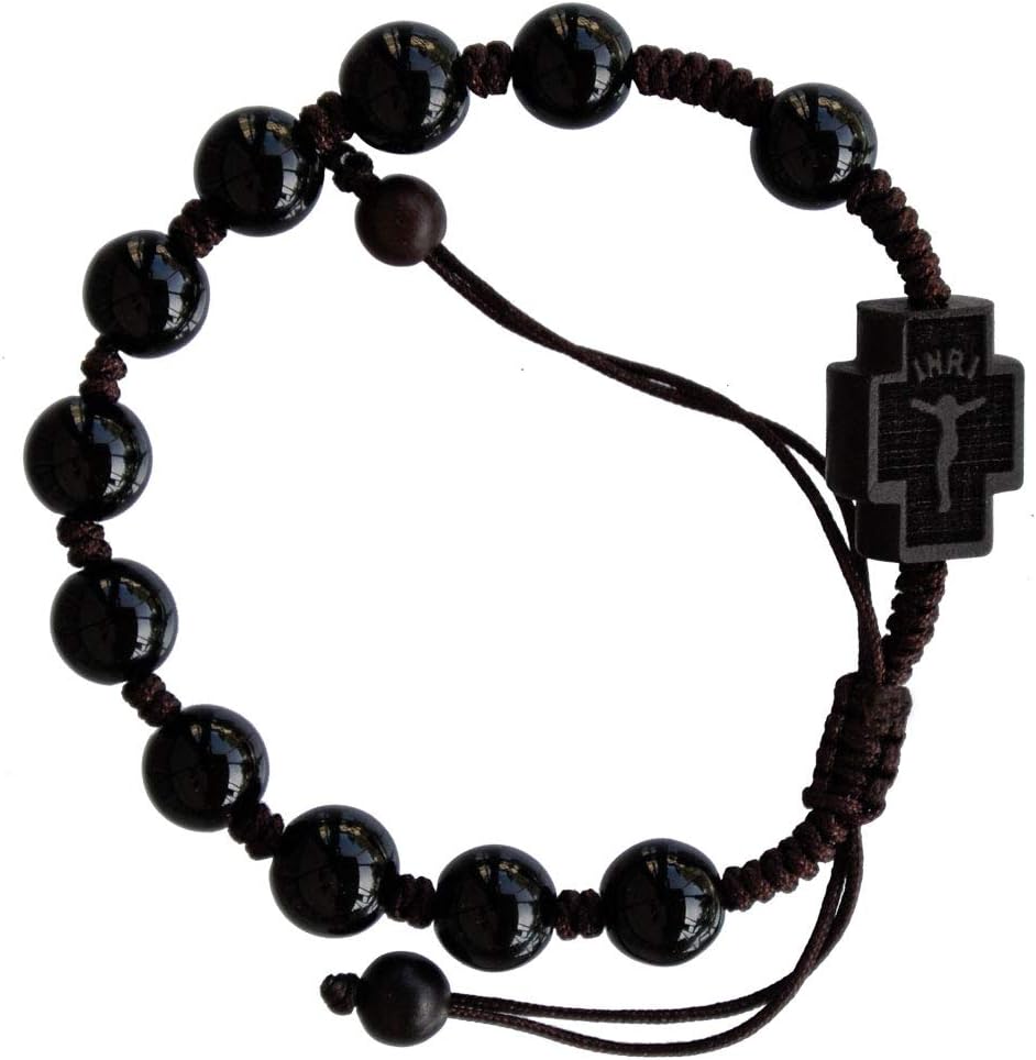 Sine Cera Black Onyx Stone/Jujube Wood 1 Decade Catholic Rosary Bracelet, Double-sided Laser Engraved Centerpiece with Crucifix/Madonna with Child, Adjustable Corded Design, Smooth 8mm Beads