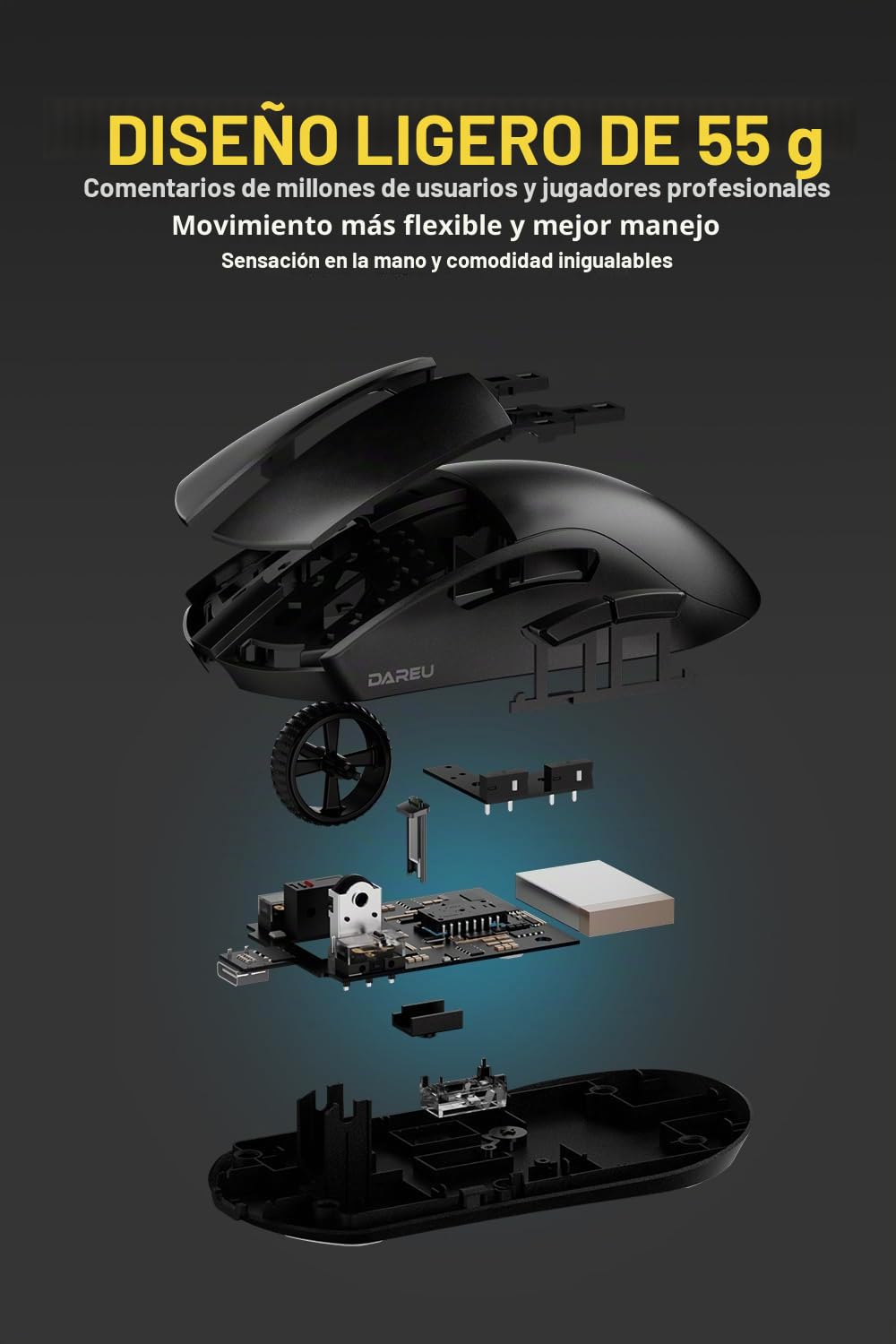 DAREU A950pro Raton inalambrico Gaming 4K 55 g, Ultraligero, tasa de sondeo de 4 KHz, Sensor óptico PAW3395, 26K dpi, 5 Botones programables, soporta Carga rápida de 15 Minutos y conexión de