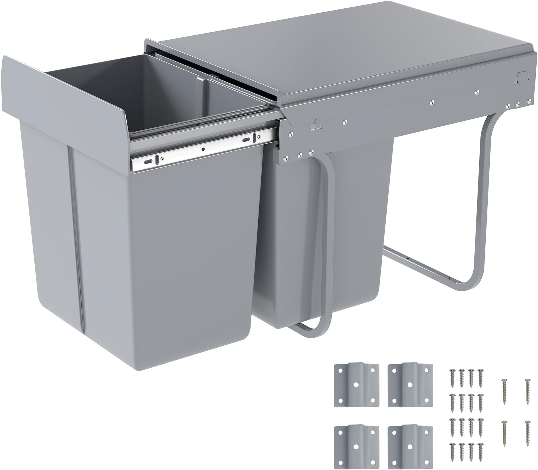 Pull Out Kitchen Waste Bin Under Cabinet 20L + 20L Recycling Kitchen Cabinet Trash Can with Lid and Handle Waste Containers with Double Sliding Trash Can Rubbish Garbage Sorting Gray