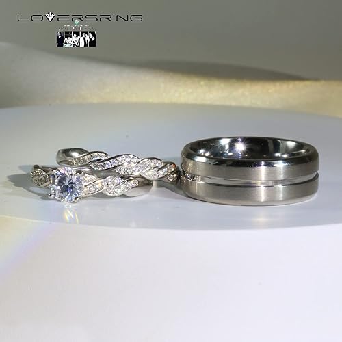 Miniatura 5 de LOVERSRING Juego de Anillos de Boda para Pareja, para Mujer Chapado en Oro Blanco con Circonia Cúbica, para Hombre de Acero Inoxidable