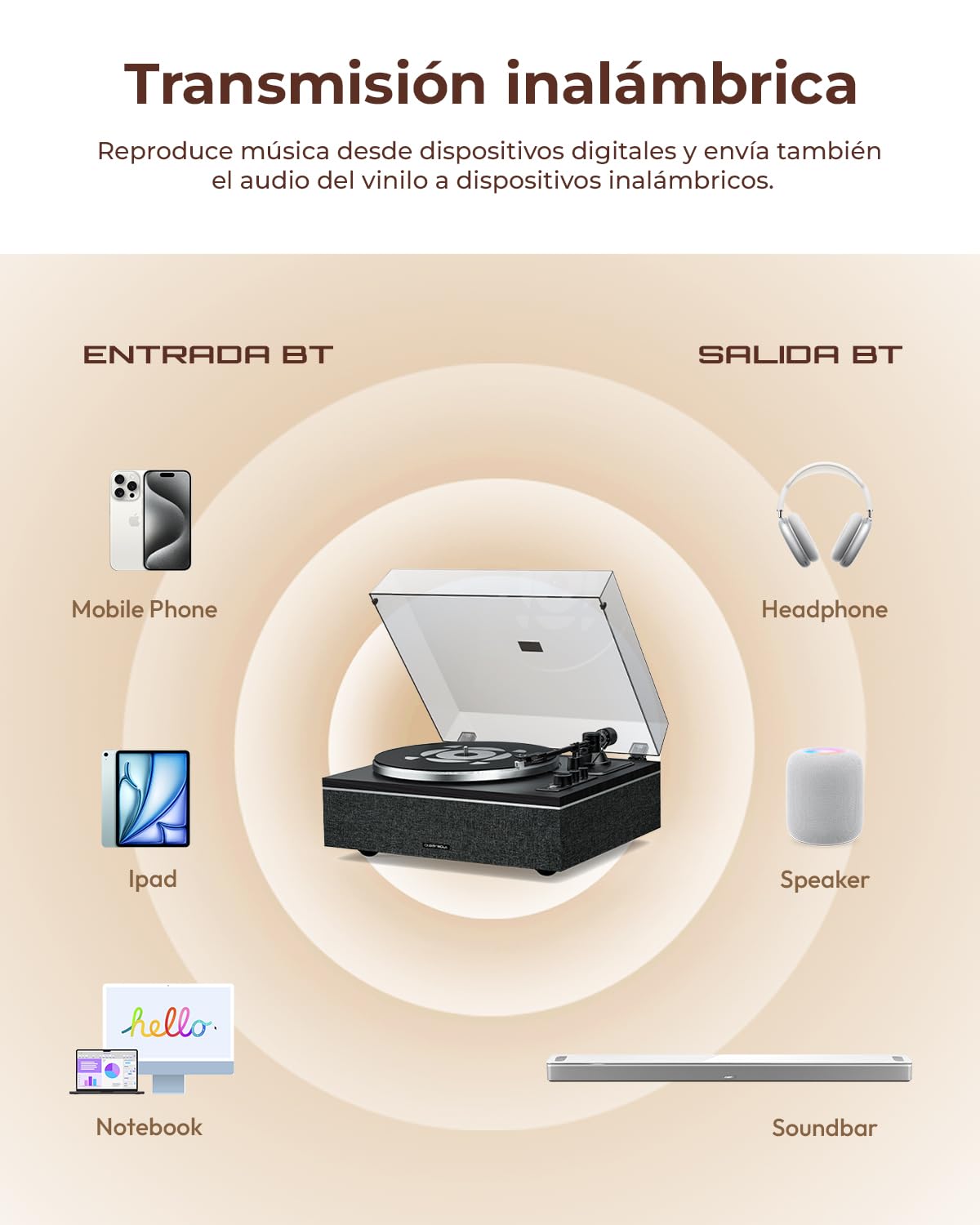 Tocadiscos de Vinilo Qlearsoul One-S Todo-en-Uno con Altavoces Integrados y DSP, Tocadiscos Vintage Bluetooth Entrada/Salida, Preamplificador Phono, Aguja AT-3600L, 33/45 RPM (Negro)