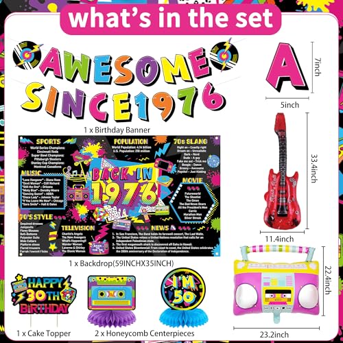 Image of Crenics 80s Theme 1976 50th Birthday Decorations for Men Women | Back in 1976 Backdrop, Awesome Since 1976 Banner, Swirls, Centerpieces and Balloons for 50 Birthday Party Supplies