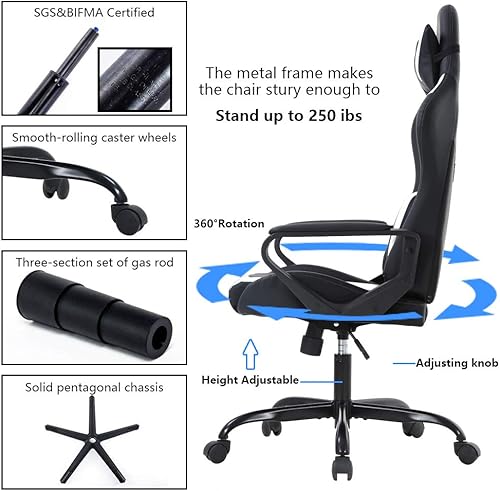 Miniatura 9 de Silla de oficina estilo carreras, silla de oficina con respaldo alto, silla de escritorio de cuero, silla ejecutiva ergonómica, silla de videojuegos