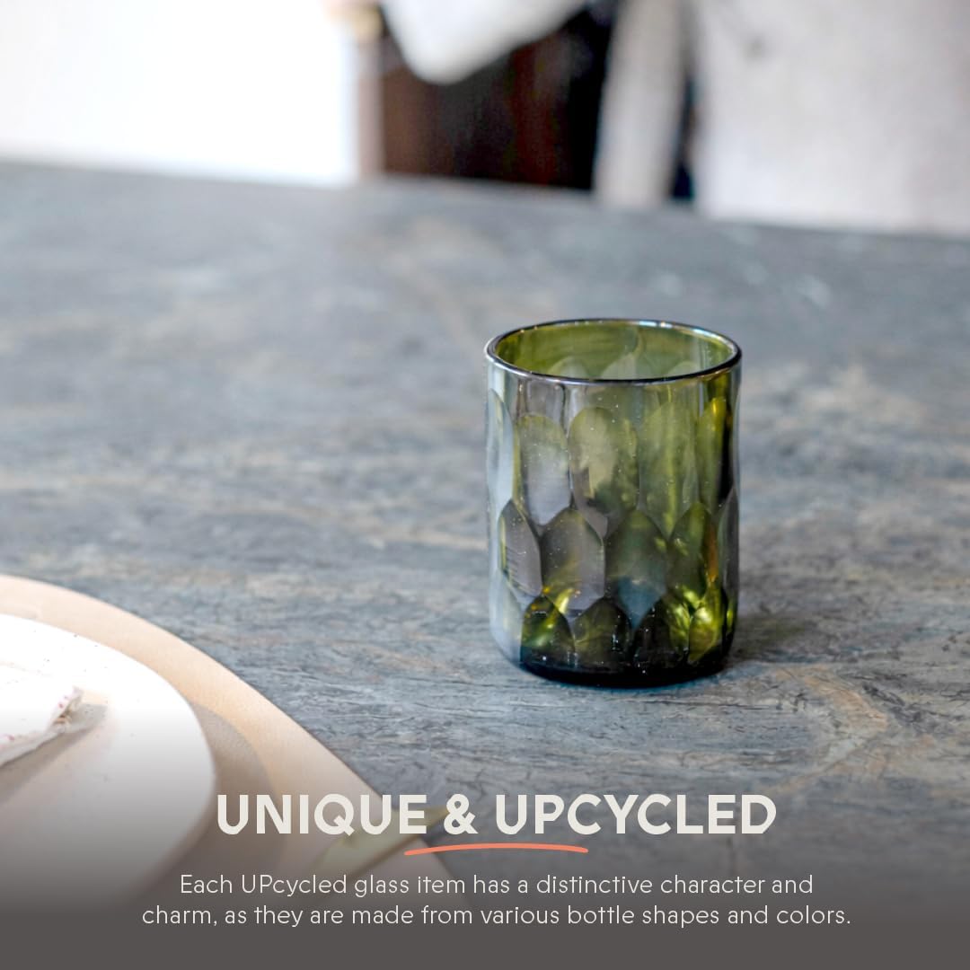 IWAS Upcycled Large Honeycomb Textured Drinking Glasses, Short 8.45 OZ / 250 ML, Set of 4 Olive Green Glasses, Handcrafted Sustainable Glassware - Image 2