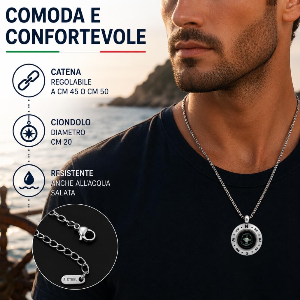 Collana Uomo con Bussola Marina Nera in Acciaio Inox – Gioiello Nautico Elegante, Regalo per Amanti del Mare e della Navigazione