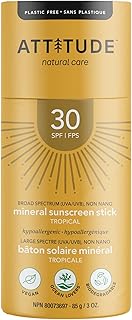 ATTITUDE Sunscreen Stick, Broad Spectrum UVA/UVB, Plastic-free, Hypoallergenic, Plant and Mineral-Based Formula, Vegan and...