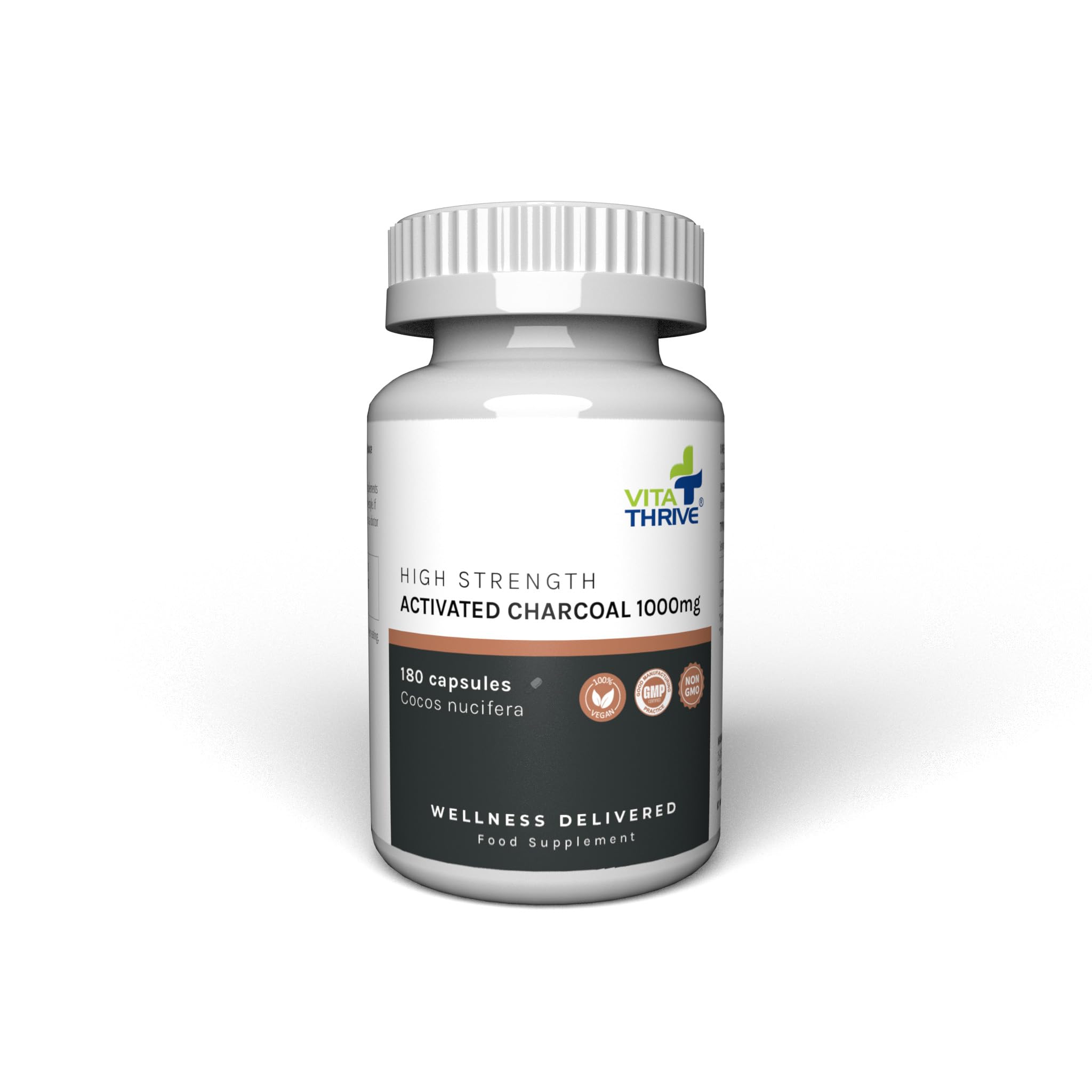 VitaThrive® Activated Charcoal 1000mg Capsules – High Strength Coconut Shell Activated Charcoal Supplement for Digestive Suppor - Gut Wellness – Vegan Charcoal Capsules – 180 Capsules