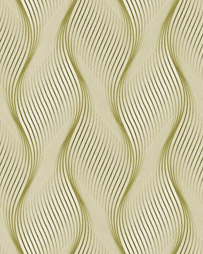 EDEM Papier peint à rayures 85030BR35 papier peint vinyle légèrement texturé avec des lignes ondulées et des accents métalliques vert jaune-olive blanc...