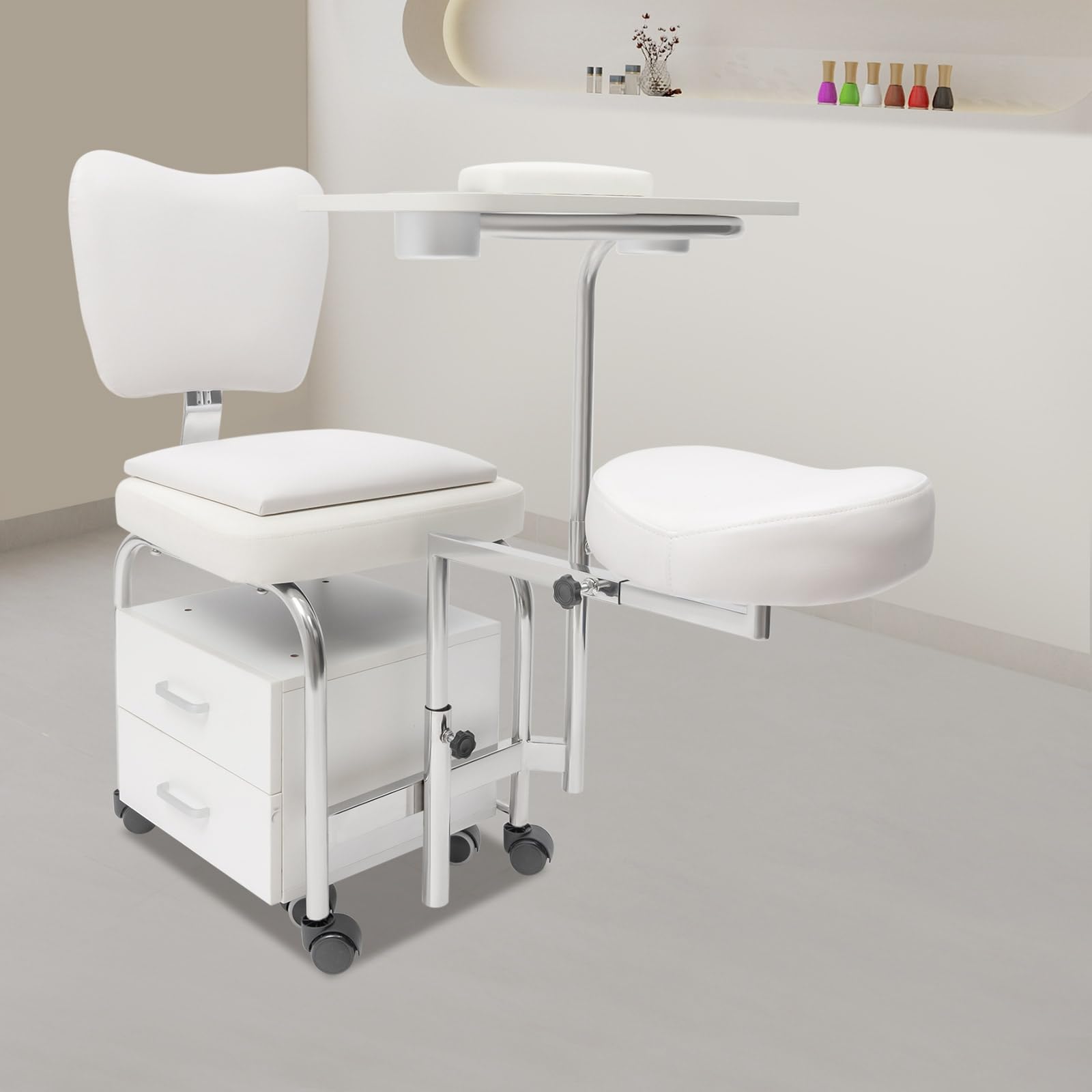 Silla de pedicura y manicura profesional con ruedas giratorias, cajones, ajustable para salones de belleza