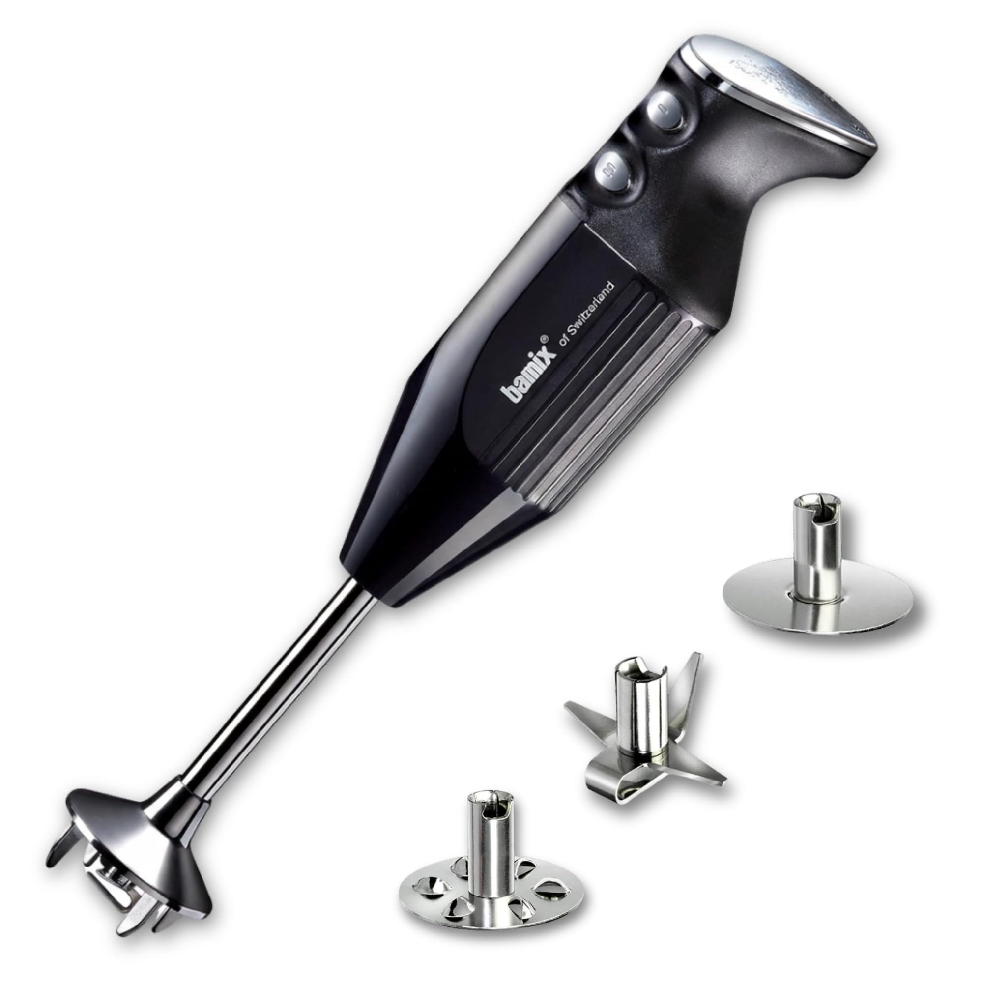 bamix Frullatore a immersione sbattitore M250 PRIME incl. lama multiuso, frusta, frullino in acciaio inox, 250 watt, 2 velocità, Made in Switzerland, Nero/cromo