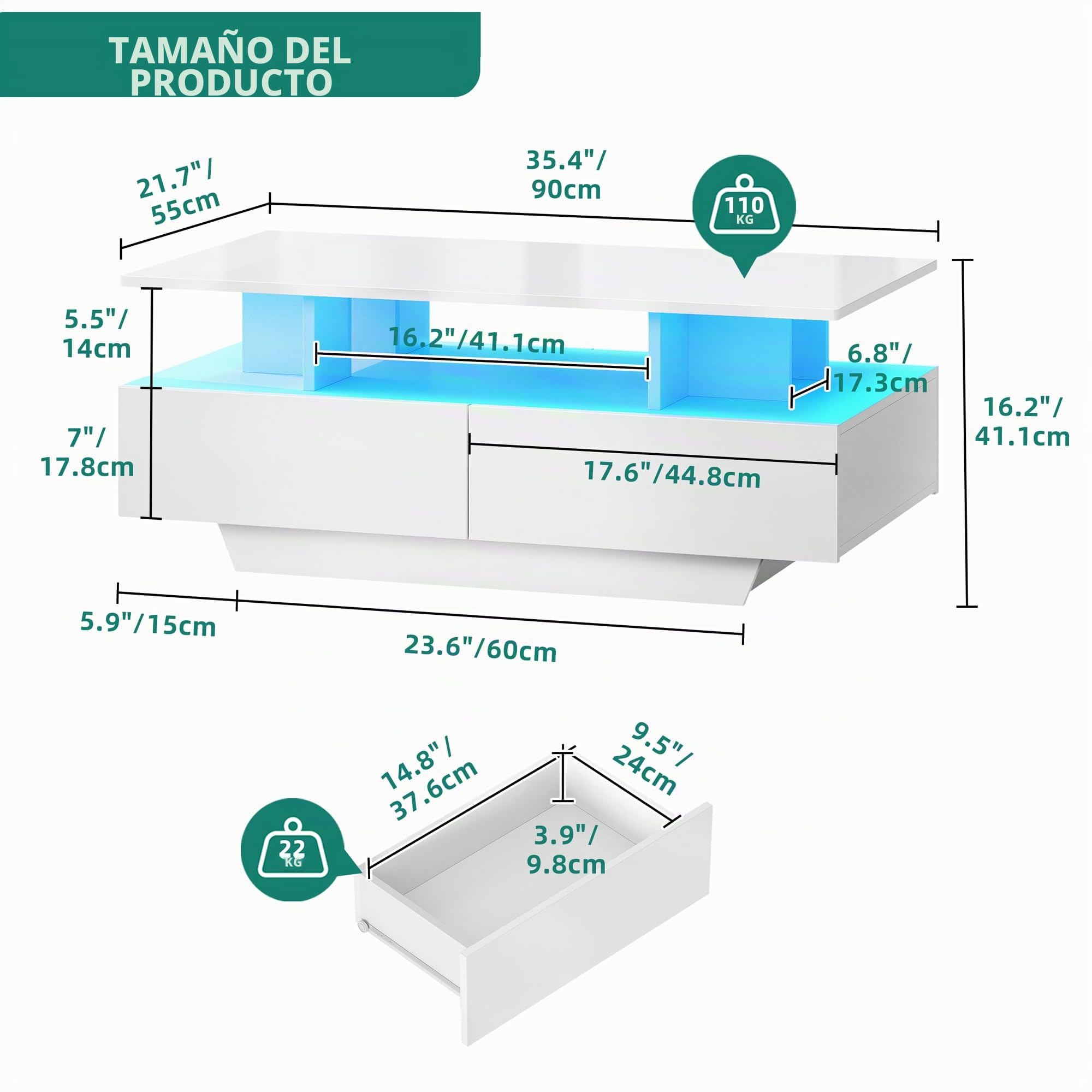 YITAHOME Mesa de Centro con 16 Colores LED para Sala, Mesa Cafe Madera con Estante Abierto y 4 cajones, Mesa de Centro Blanca Moderna