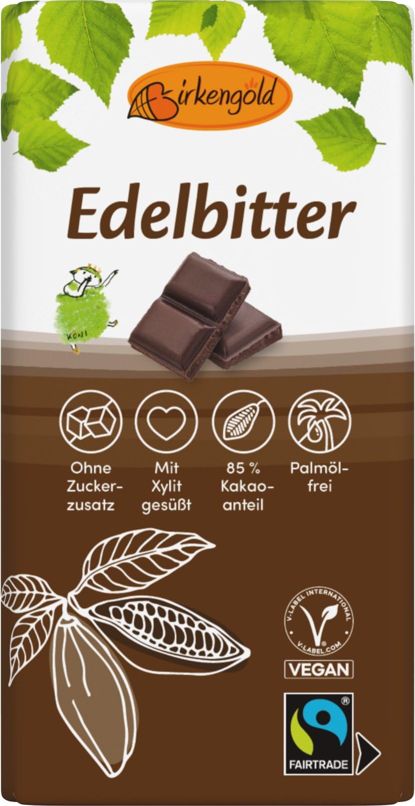 Birkengold Edelbitter Schokolade, 85% Kakaogehalt, ohne Zuckerzusatz 12 x 100 g