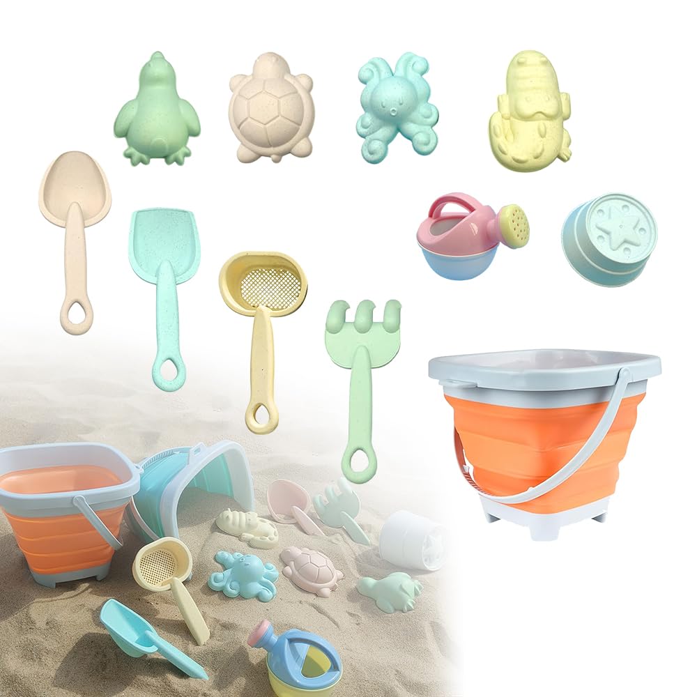HPiano 11 Piezas Juguetes de Playa para Niños,Juguetes Arena Juegos,Juegos Playa con Cubo Playa, Juegos de Cubos, Palas Rastrillo Moldes de Arena, para Playa, Verano Naranja