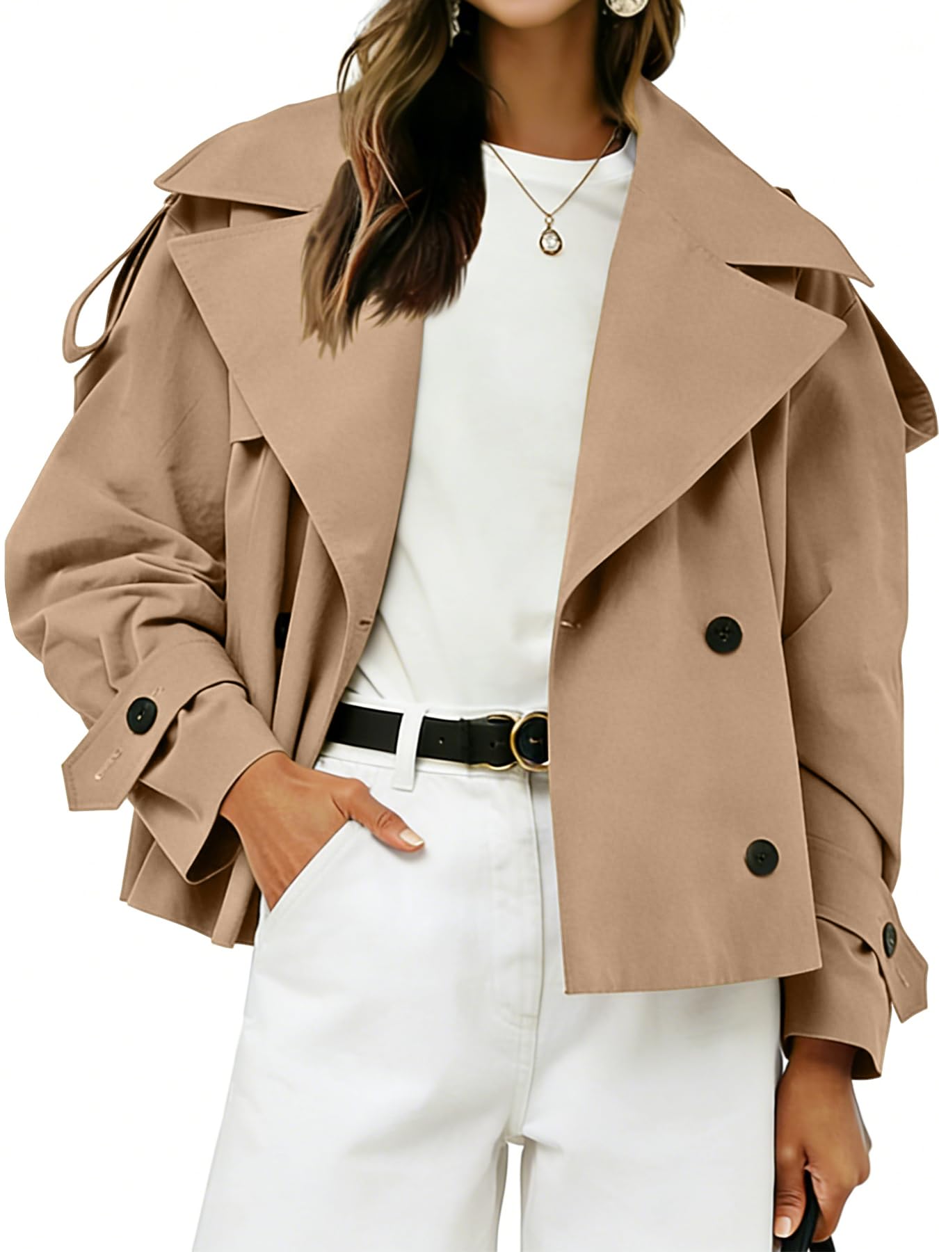 Muchpow Womens Cropped Trench Coat Casual Double Breasted Work Office Short Crop Coats Jacket with Belt