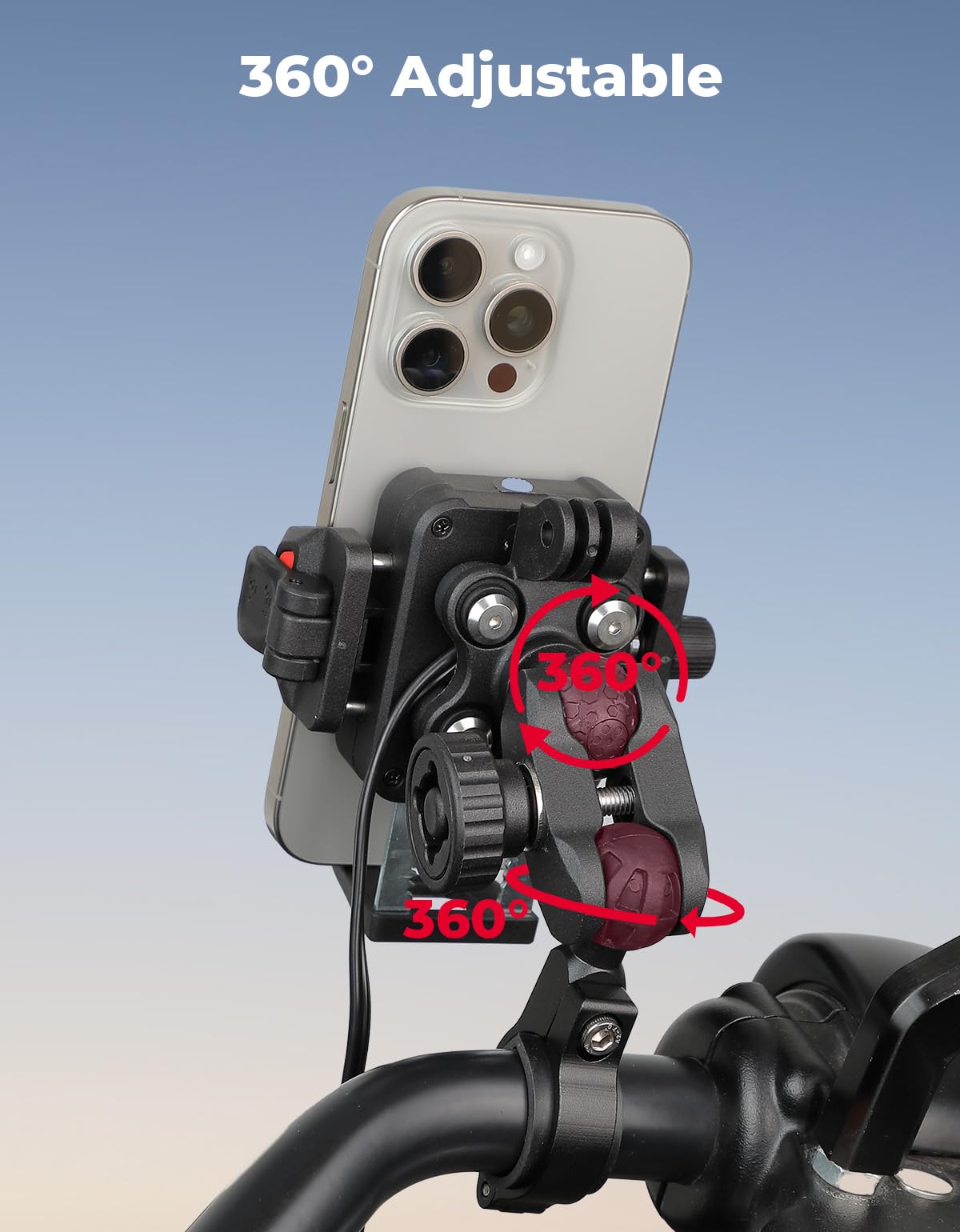 KEMIMOTO Motocyklowy uchwyt na telefon komórkowy z bezprzewodową ładowarką 15 W i przyłączem szybkiego ładowania PD/USB-C 33 W, amortyzator antywibracyjny i ochrona przed kradzieżą, regulacja 360°, do
