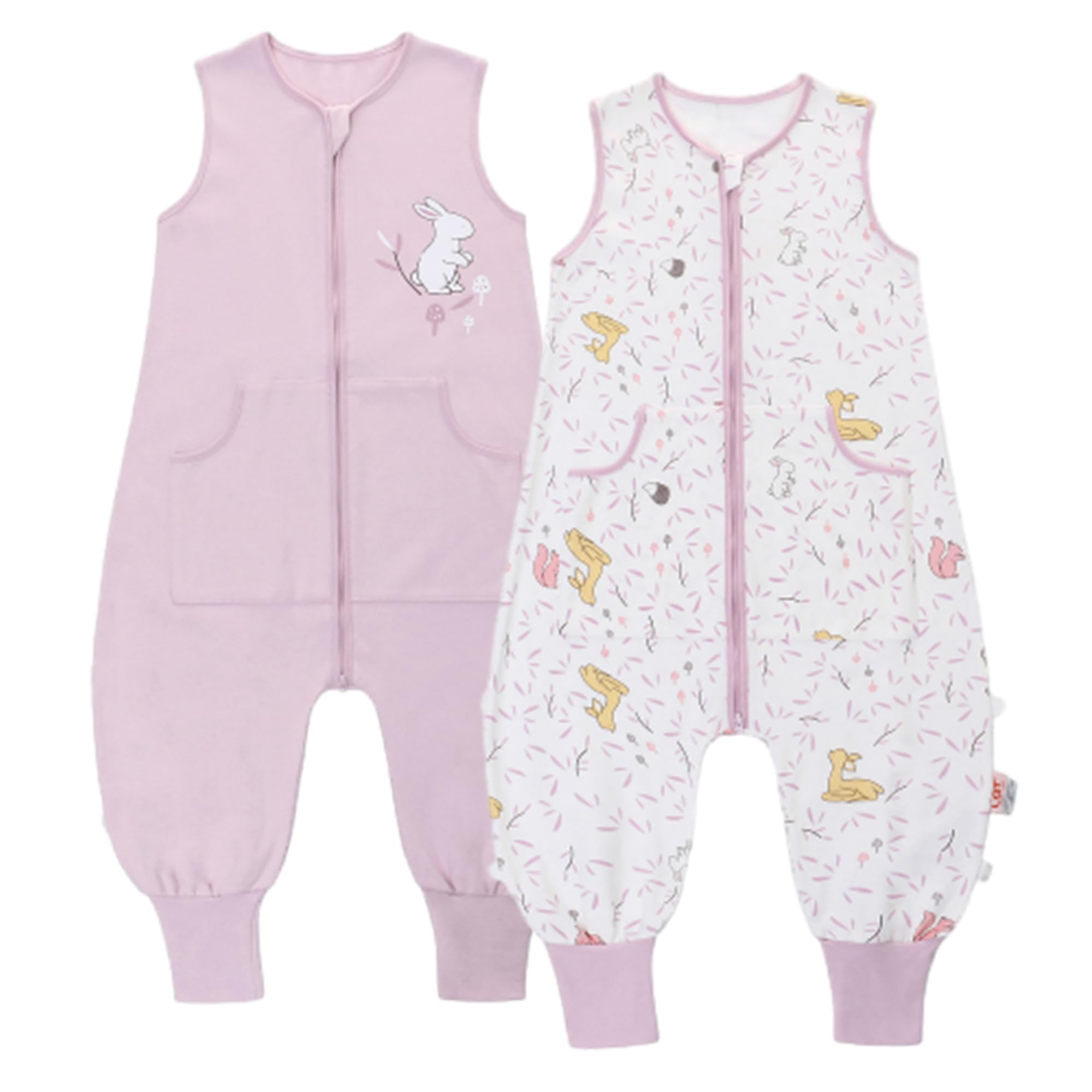 LAT Paquete de 2 Saco de Dormir para Bebé con Pies, 0,5 TOG Saco de Dormir Bebe Verano, 100% Algodón Transpirable Pijiama Manta con Pies para Bebe (Conejo+Blanco, L)