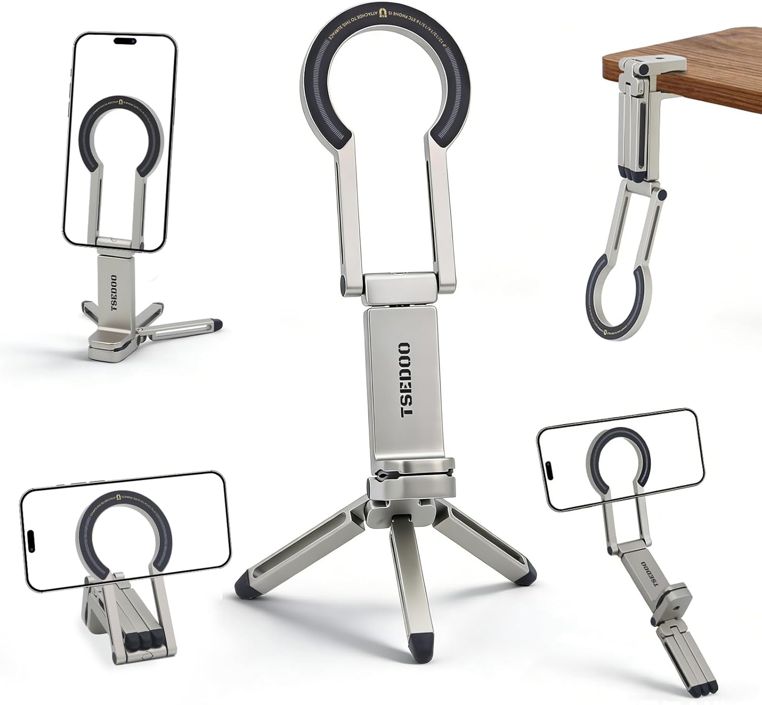 Magnetic Tripod for iPhone - Foldable Mini Pocket Phone Stand, Portable Selfie Stick Handle Grip with 360°, Airplane Travel Essentials, Phone Holders for Your Car and Gym (Grey)