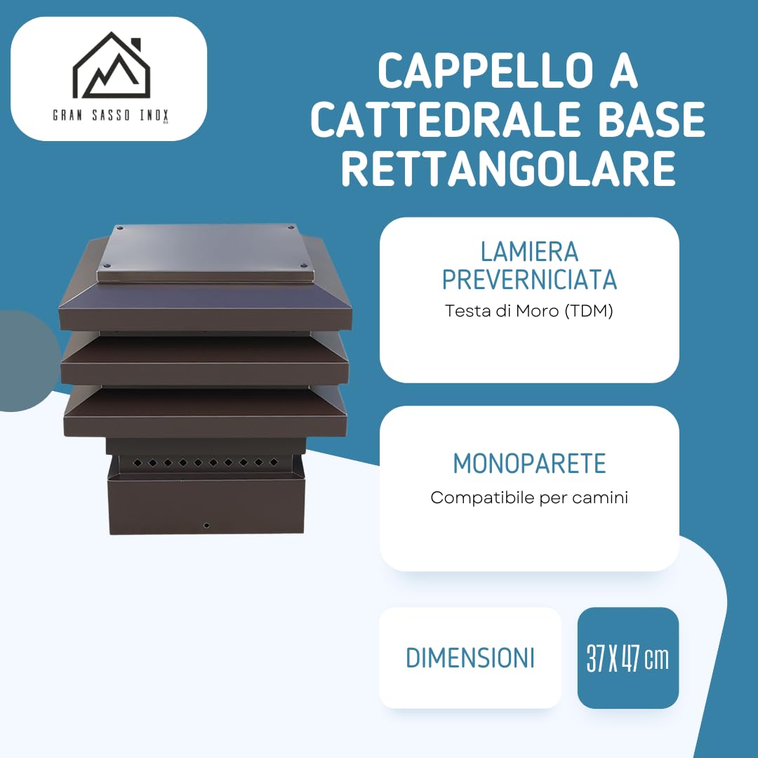 Cappello Lamellare Modello Cattedrale a Base Rettangolare – Coperchio Smontabile - in Lamiera Preverniciata Testa di Moro (TDM) - per Camini (37x47 cm)