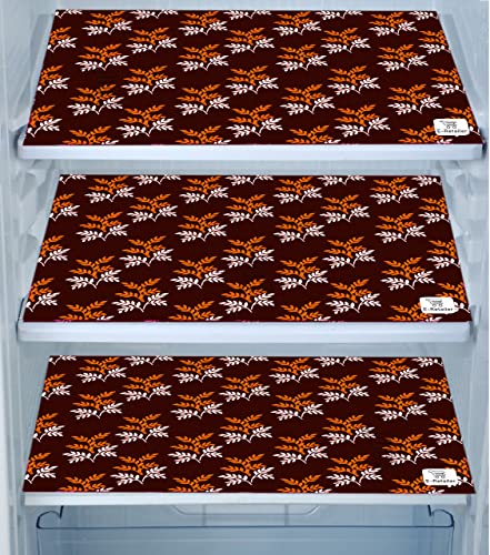 Image of Polyester 3-Layered Fridge Top Cover /Refrigerator Cover with Utility Pockets and Set of 3 Pc Fridge Mats (Color-Leaf Brown, Size-39x21 Inch)