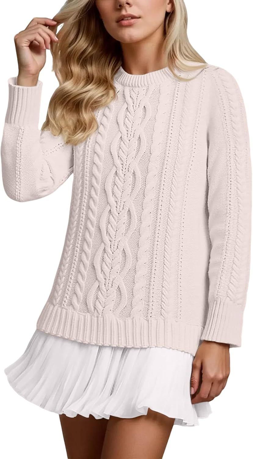 Sweater Dress Women Cable Knit Sweater Dress Crewneck Long Sleeve Pleated Mini Dresses Twofer Style Patchwork Dresses