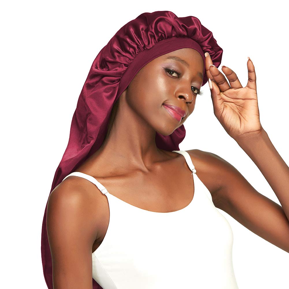 Xtra Long Bonnet Large Sleep Caps for Braids XL Wide Hair Bonnets for Black Women Deep Burgundy