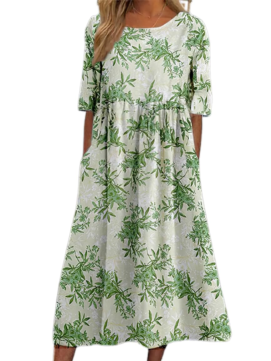 Women's Boho Floral Flowy A Line Midi Dress Casual Loose Summer Short Sleeve Beach Vacation Dresses with Pockets