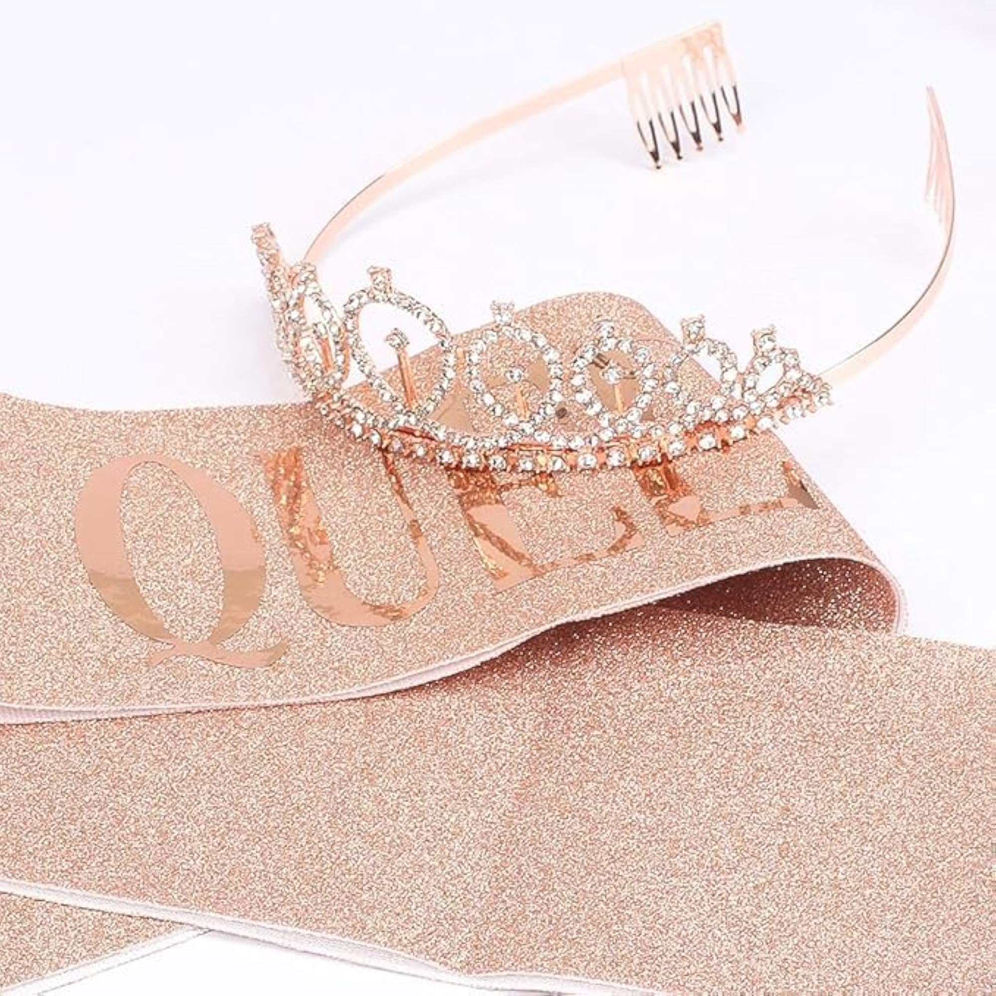 Gold Queen Sash & Rhinestone Tiara Kit for Women Birthday