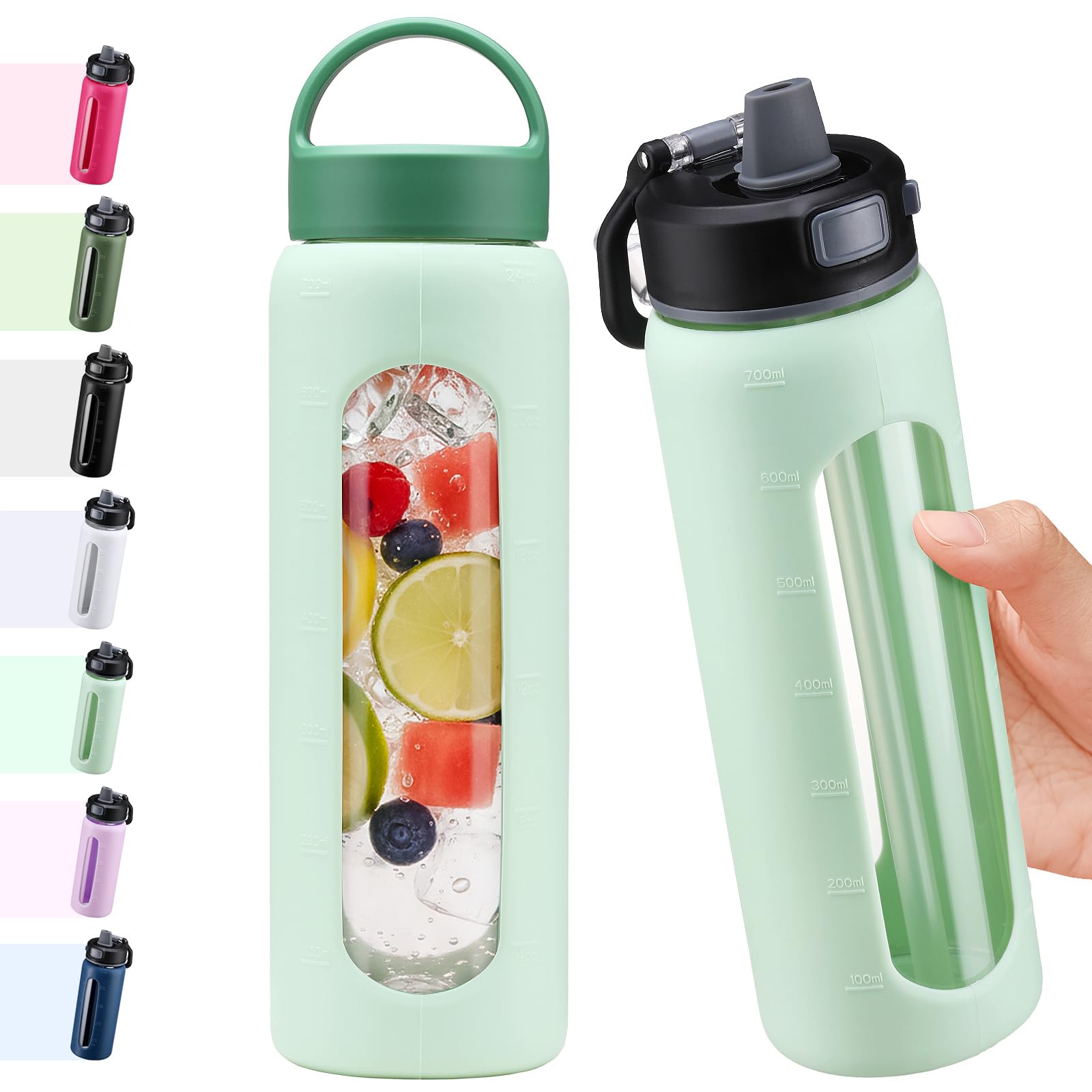 BLUEGO 700ml Glass Water Bottle with 2 Lids-One-touch Lock Lid and Handle Lid Reusable Drinking Bottle with Time Marking for Travel Home Gym Sports BPA Free, Light Blue