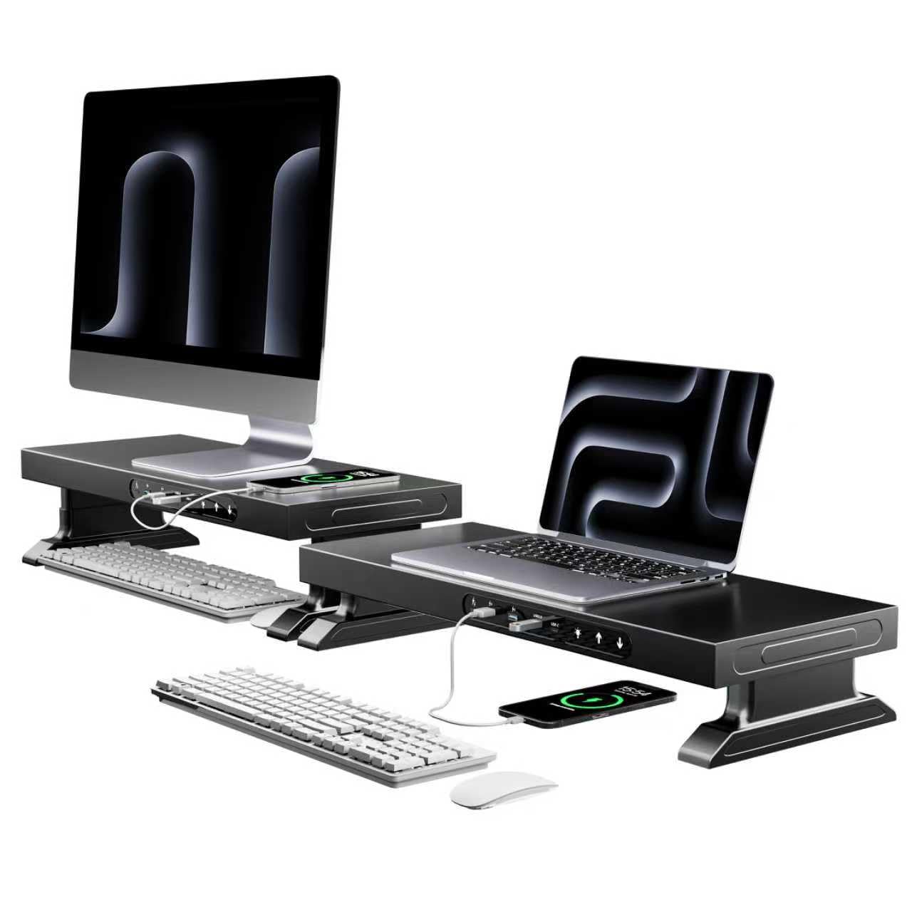 Supporto per monitor elettrico con sollevamento motorizzato, regolazione intelligente dell'altezza di 11-17 cm, ricarica wireless da 600 mm 15 W, ricarica rapida USB-C, porte USB 3.0