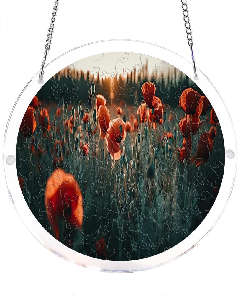 Poppy Flower Field Acrylic Jigsaw Puzzles Suncatcher, 8.2 Inch Window Hanging Suncatcher Acrylic Puzzle, DIY Home Decor Art Gift