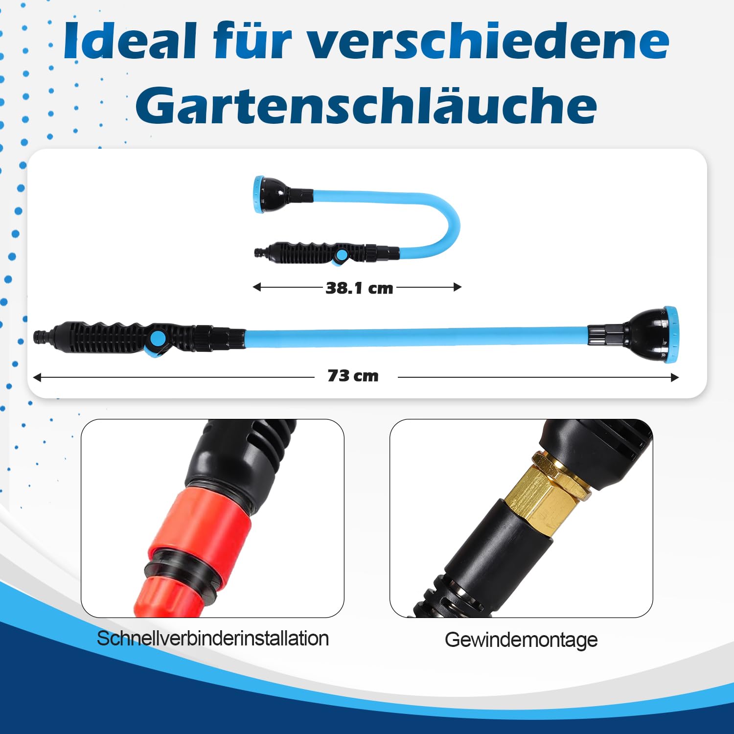 PRAOAHEI Garten Gießstab, 73cm Lang Biegsam Gartenbrause mit 360° Schwenkkopf, 10 Sprühmustern Kopf mit Sanfte Dusche und Durchflusskontrolle für Blumenampeln und Sträucher, Pflanzen, Blau