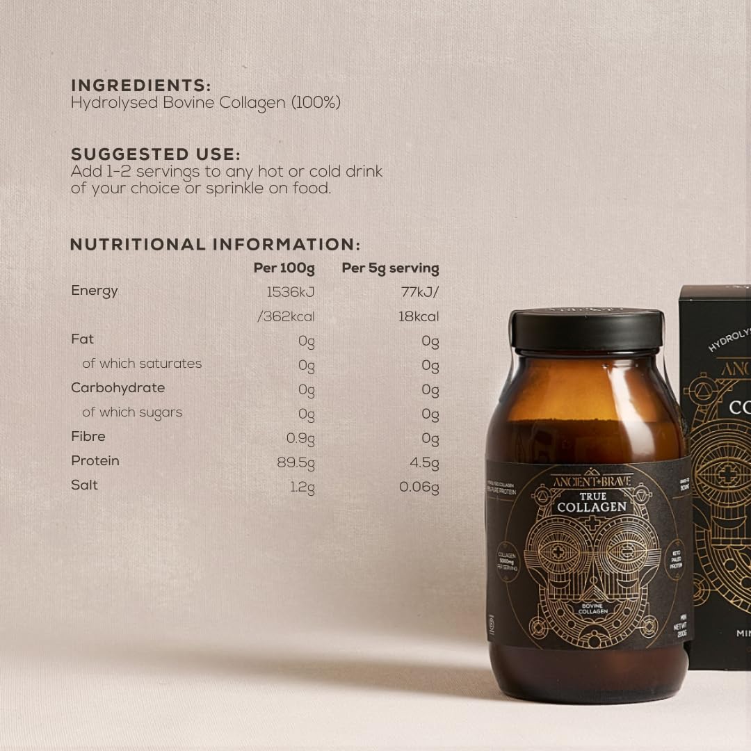 Ancient + Brave True Collagen 200g - Collagene Idrolizzato al 100% (Tipo 1) da Bovini Grass Fed - Peptidi di Collagene in Polvere ad Alto Contenuto Proteico - Pelle, Capelli e Unghie