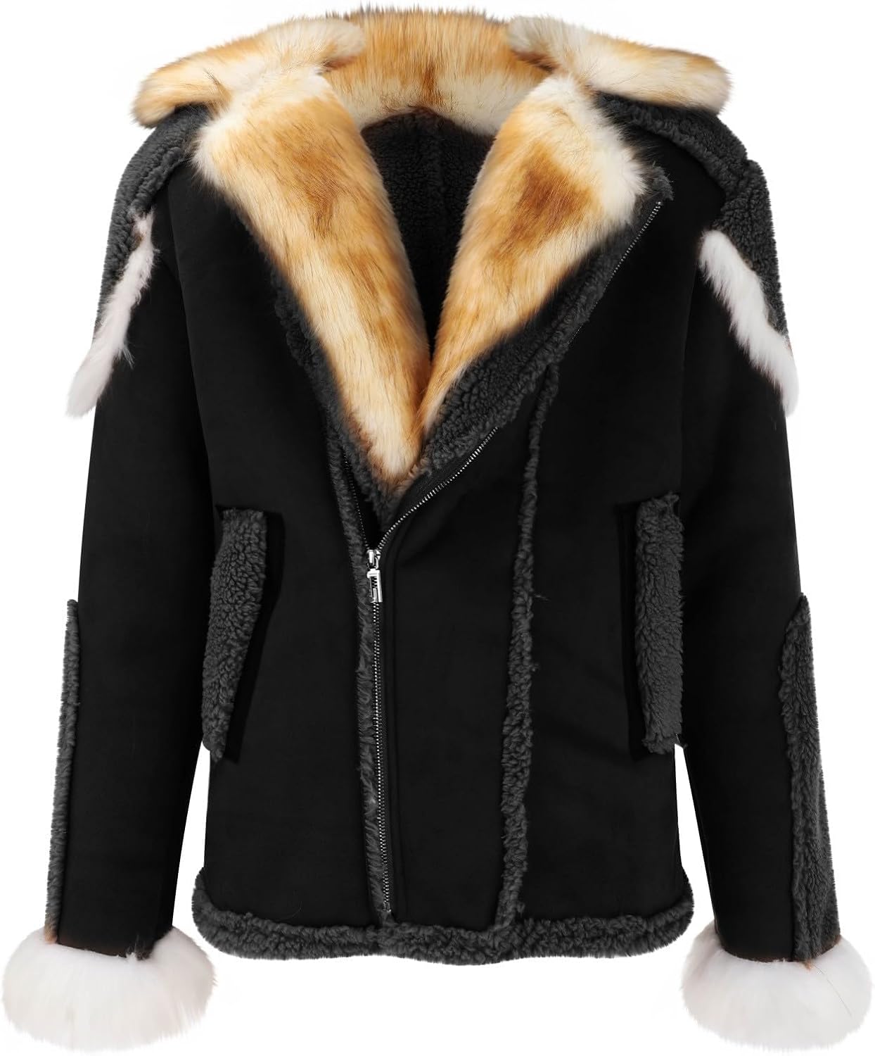 Mens Faux Fur Coat Winter Shearling Leather Coat Thick Warm Sherpa Outerwear Long Sleeve Fur Collar Vintage Jacket