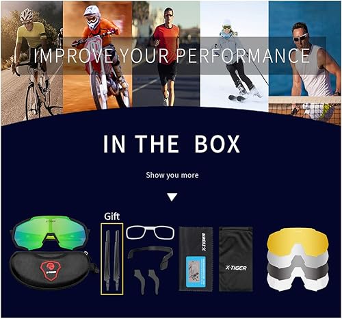 Miniatura 9 de X-TIGER Gafas de sol deportivas polarizadas con 5 lentes intercambiables, lentes de ciclismo para hombre y mujer, béisbol, correr, pesca
