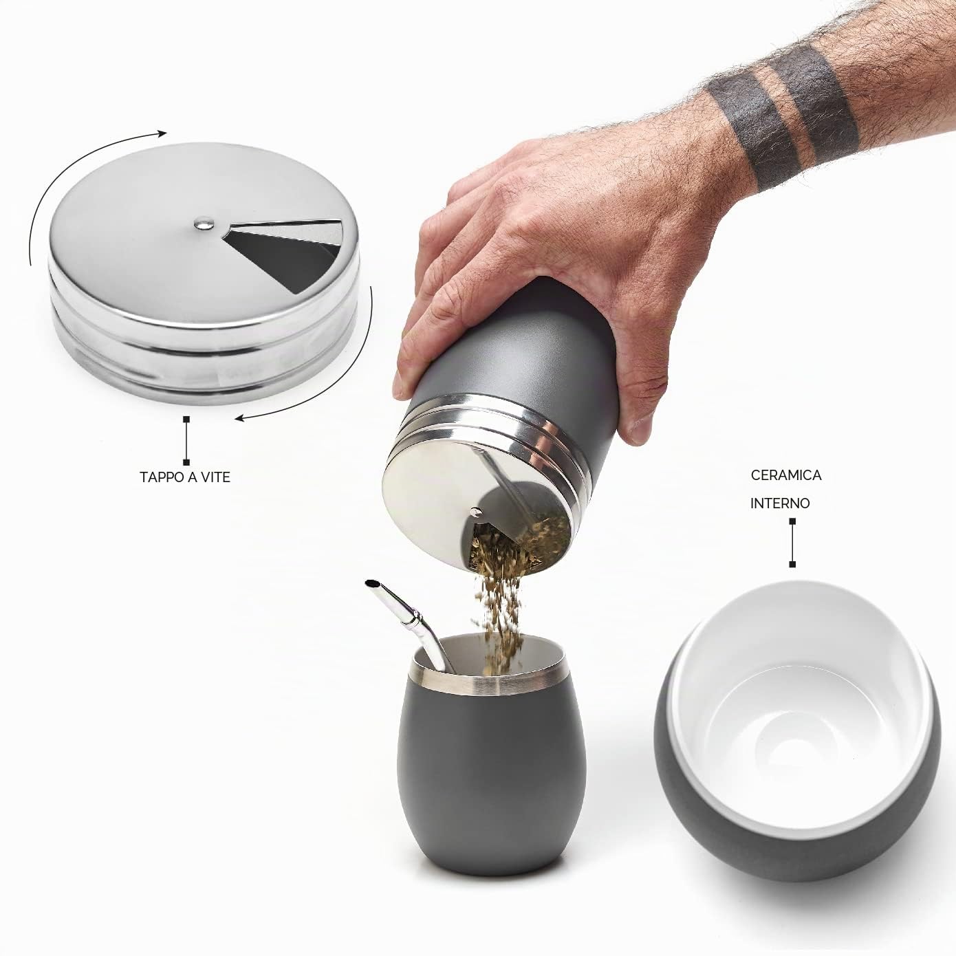 BALIBETOV Yerba Mate Tazza Set - Modern Yerba Mate Tazza, Thermos, Yerba Mate Contenitore (Yerbero), Bombilla (Mate Cannuccia) e Spazzola per la Pulizia - Acciaio Inossidabile 304 18/8 (Nero)