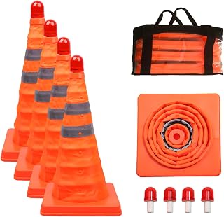 Homegroove [4-Pack] 28 inch Safety Cones, Collapsible Traffic Cones with LED Light & Double Reflective Strip, Multi Purpose Pop-up Road Parking Cones, Fluorescent Orange