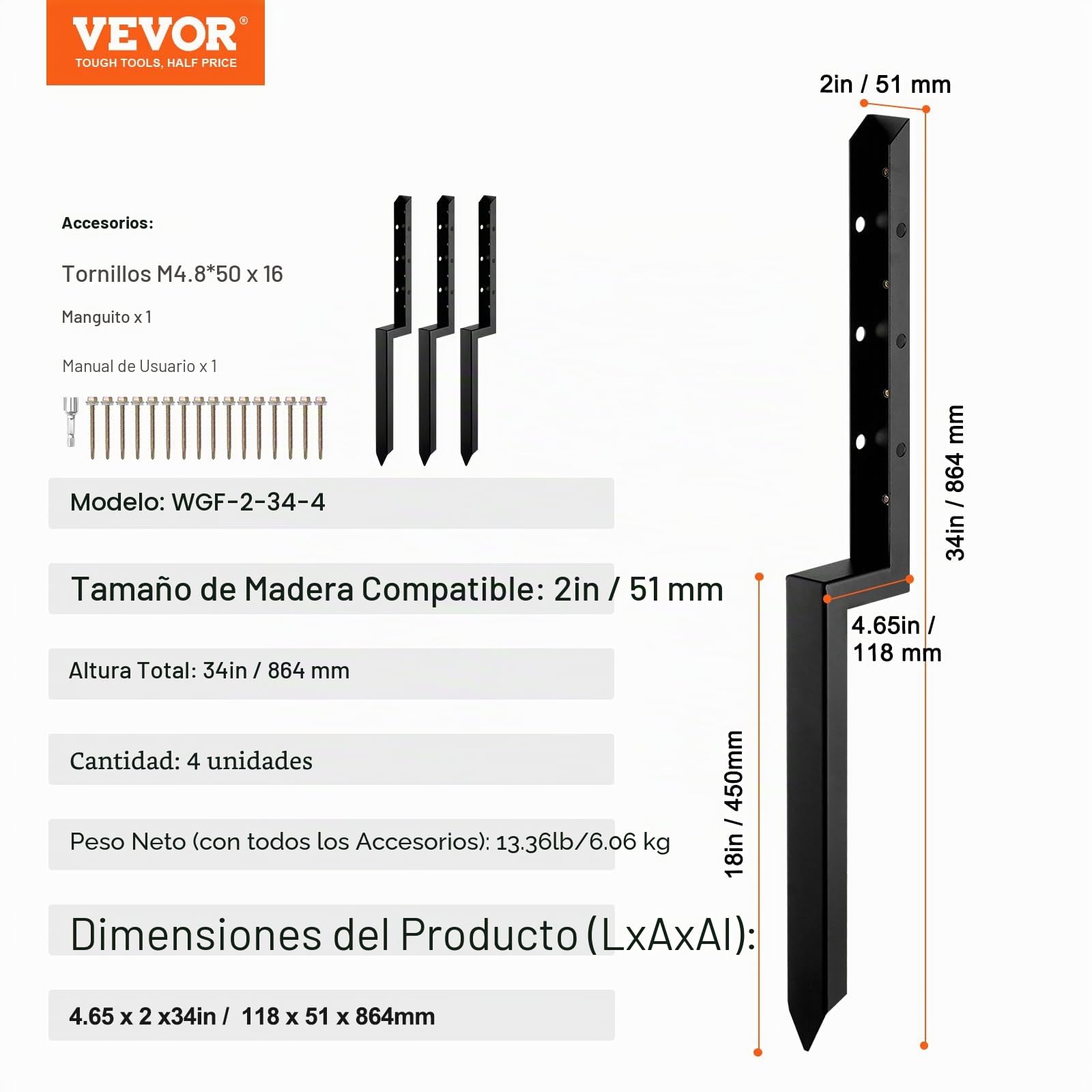 VEVOR Kit de Reparación de Anclajes para Postes de Valla, 4 Estacas de Soporte para Postes de Valla de Acero Resistente, Estacas de Anclaje para Reparación de Postes de Valla de Madera Rotos