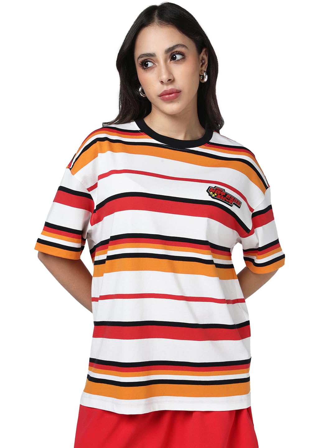 Bewakoof Heavy Duty 1.0 - T-shirt da donna a righe oversize a mezza manica in spugna di cotone con scollo rotondo