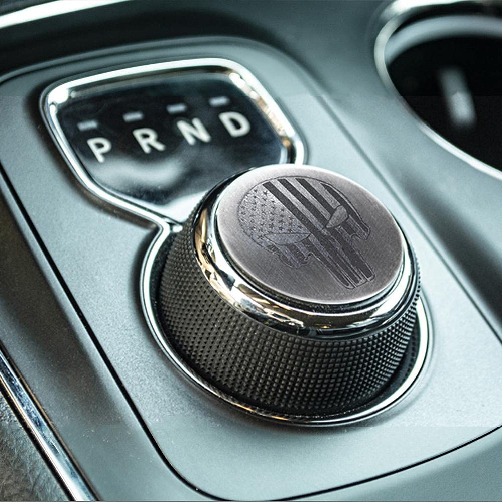 Dial Shifter Trim Plates Etched Brushed Stainless - Fits Chrysler 300/200/Pacifica, Dodge Ram 1500 & Durango | 3 Styles Etched Flag, Tattered Flag, Patriot Skull (Etched Patriot Skull)