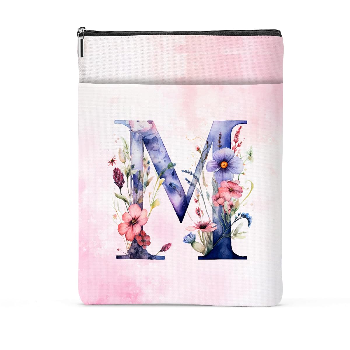 Initial Book Sleeve Book Cover Personalized Floral Books Protector with Zipper Bachelorette Party Friendship Appreciation Birthday Monogrammed Gifts for Women Best Friend Coworker Books Lovers Gifts M