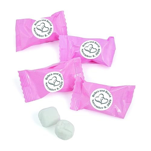 Mentas de mantequilla de dos corazones rosados personalizados, comestibles, 108 piezas